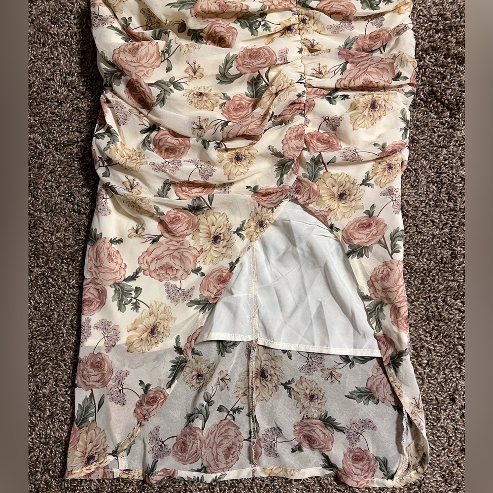 Vici Floral Ruched Midi Dress in Cream with Pink & Green Accents - Picture 10 of 16